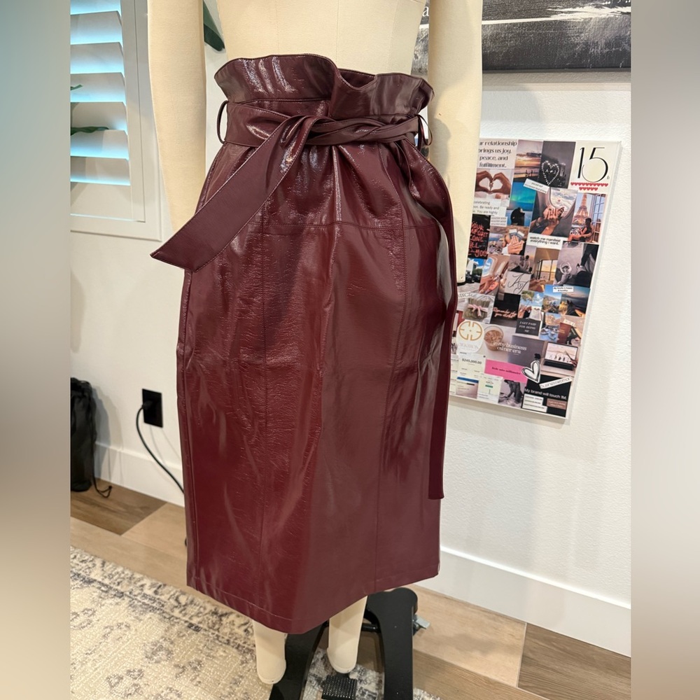 Burgundy faux leather midi skirt with belt